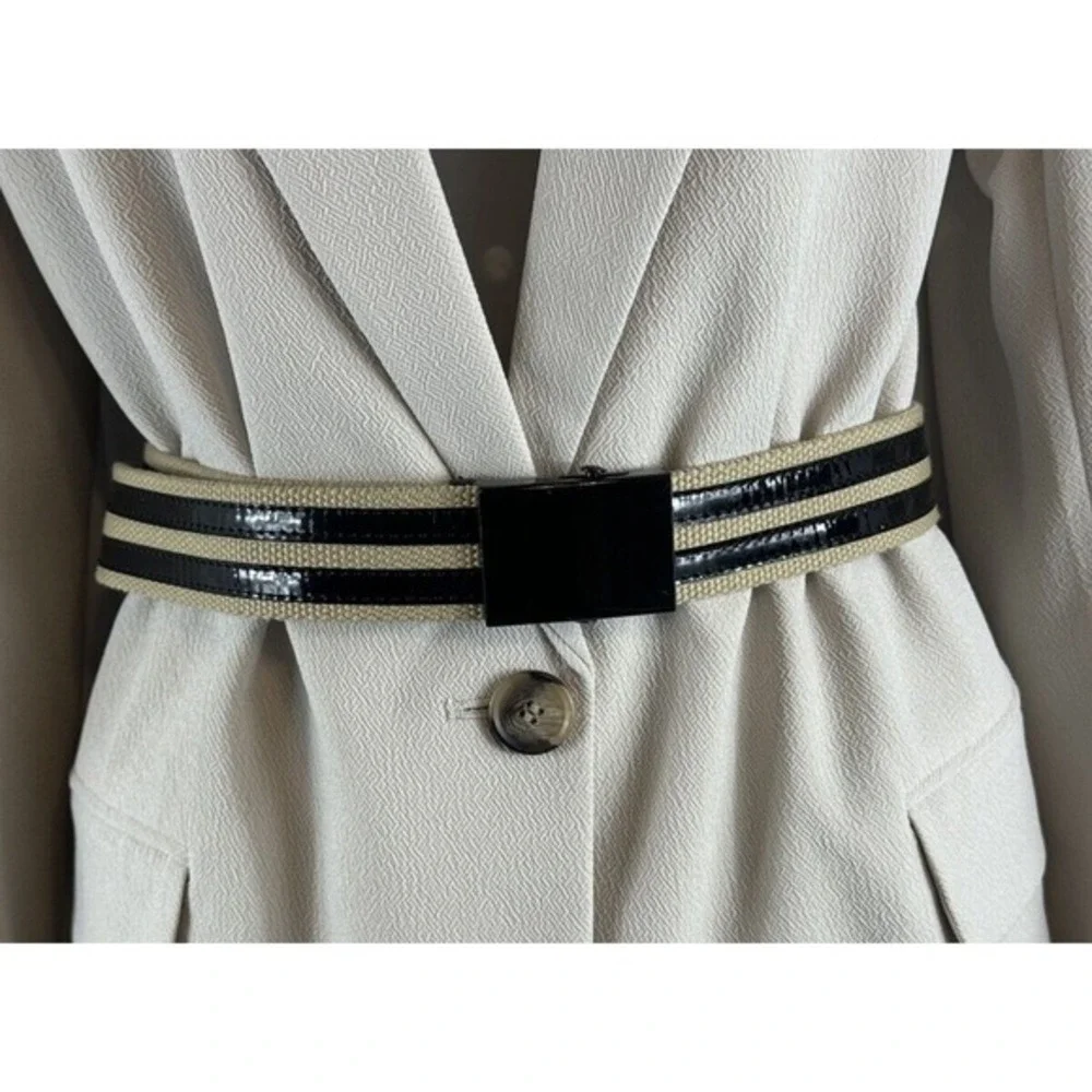 Tan Canvas Web Belt Black Patent Stripes‎ Military Flip Buckle Adjustable 70-19